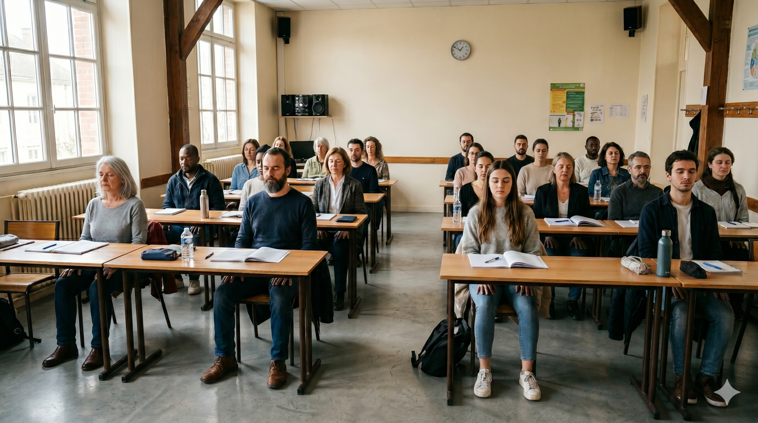 Un groupe diversifié d'environ vingt-cinq personnes de tous les âges suit une formation dans une salle de classe spacieuse aux murs beige clair. Ils sont assis à des tables en bois disposées en rangées, avec des livres et des blocs-notes devant eux. La salle est éclairée par de grandes fenêtres à gauche, dotée de poutres en bois apparent au plafond, d'une horloge murale, d'un radiateur blanc et d'un système audio mural. Tous les participants effectuent un exercice de sophrologie.