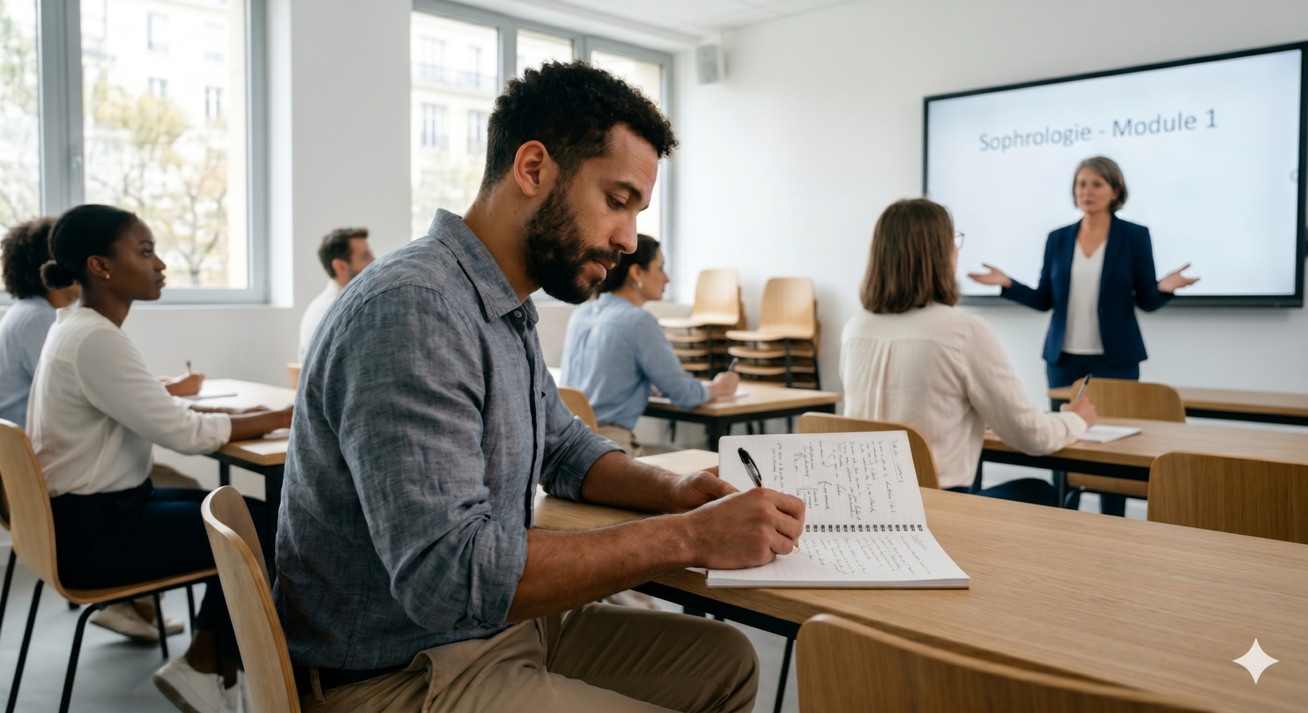 Dans une salle de formation moderne et lumineuse, un homme en chemise grise prend des notes sur un document posé devant lui. À l'arrière-plan, une formatrice en blazer bleu marine fait une présentation devant un écran affichant "Sophrologie - Module 1". Plusieurs autres participants, assis à des bureaux en bois, suivent la formation. La salle est équipée de grandes fenêtres offrant une vue sur des bâtiments urbains, et des chaises empilées sont visibles contre le mur du fond.