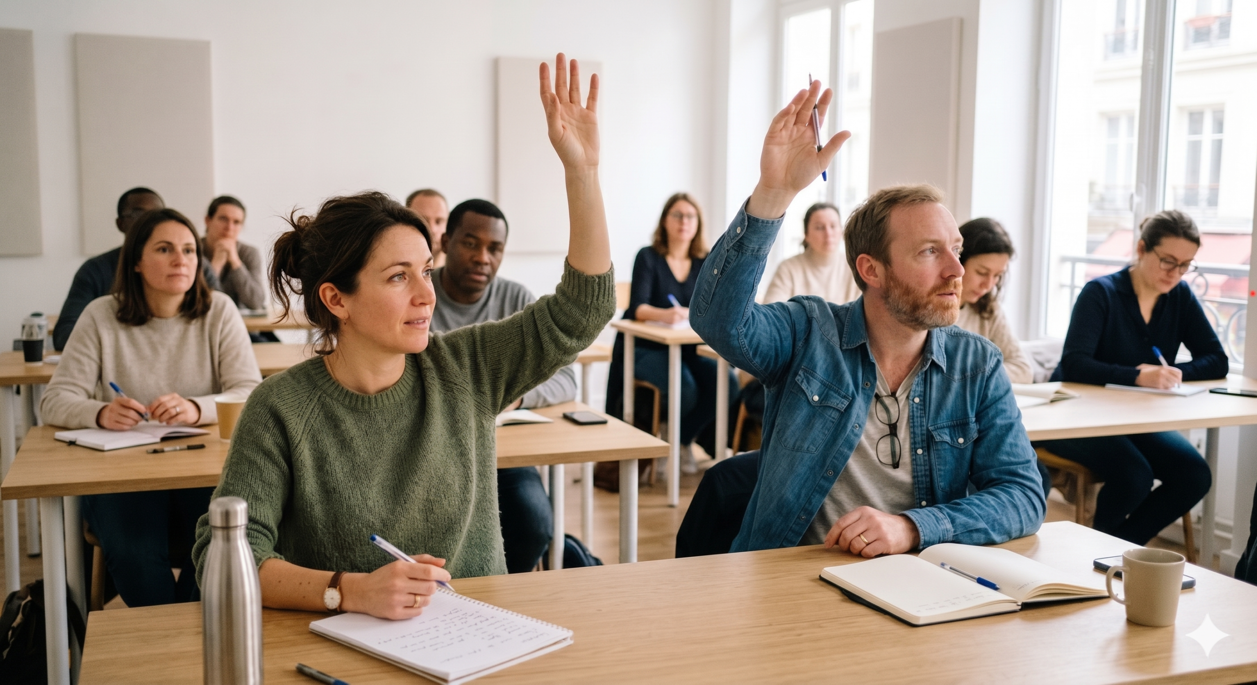 Dans une salle de formation lumineuse aux murs blancs et aux grandes fenêtres, un groupe diversifié d'adultes suit une formation. Au premier plan, une femme en pull vert kaki et un homme en chemise en jean sont assis à une table en bois, tous deux levant la main pour participer. D'autres participants, assis à des tables disposées en rangées, les observent attentivement. Des carnets, des stylos, des verres d'eau et des tasses de café sont posés sur les tables. La lumière naturelle inonde la salle.