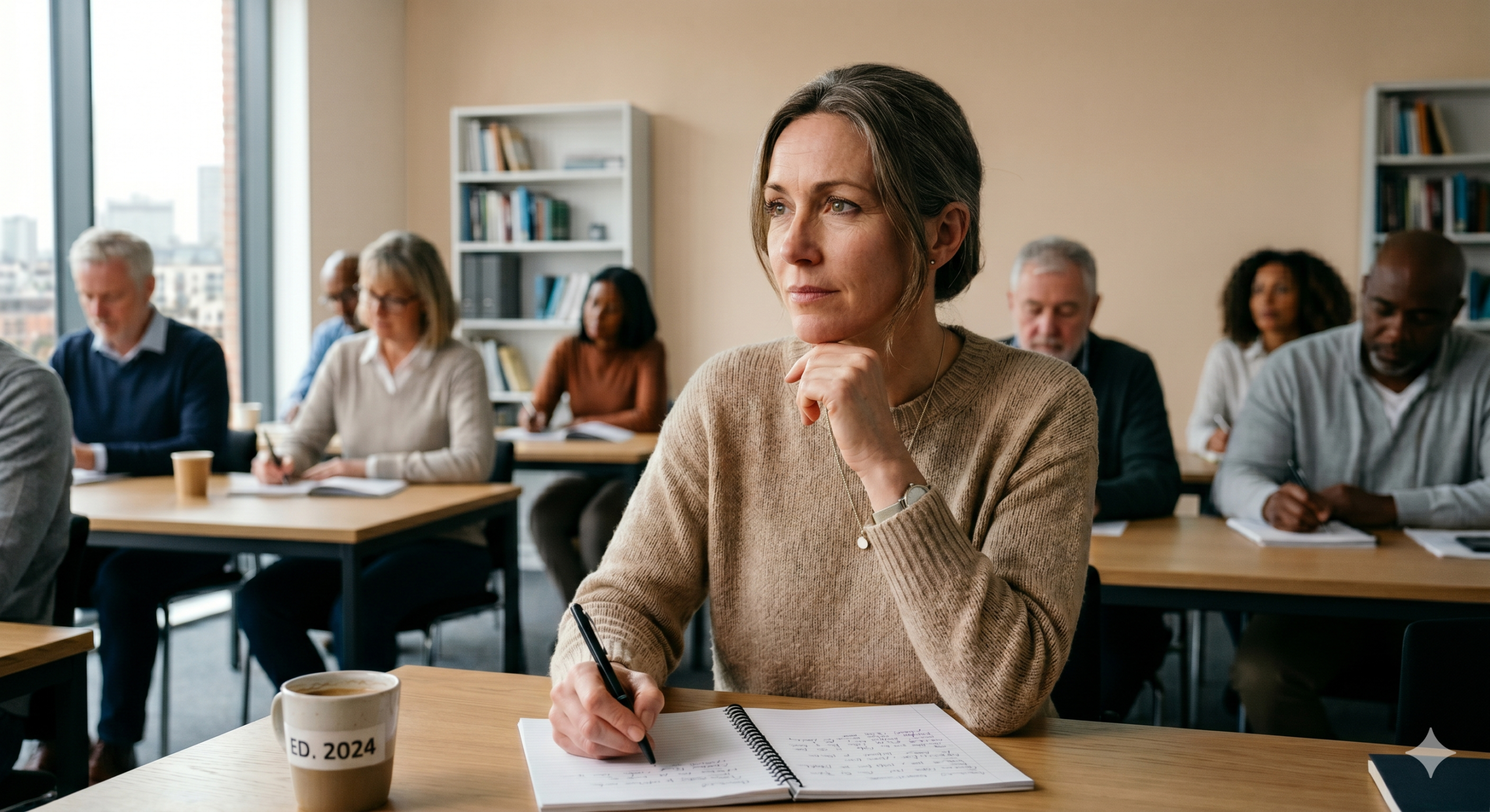Une femme d'âge moyen vêtue d'un cardigan beige clair est assise à une table en bois, stylo à la main, réfléchissant devant un carnet ouvert. Elle pose sa main près de son menton dans une attitude contemplative. Derrière elle, dans un bureau lumineux avec des étagères de livres et une vue sur la ville, six autres personnes sont assises à des tables de travail, écoutant attentivement. Une tasse de café marquée "ED. 2024" est posée sur la table.